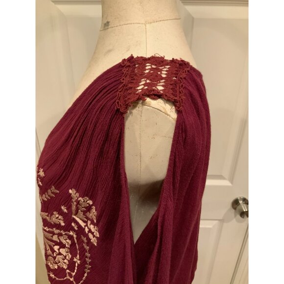 Free People Maroon Long Cold Shoulder Romper W/ Shorts & Tan Embroidery, Size S - Picture 6 of 9